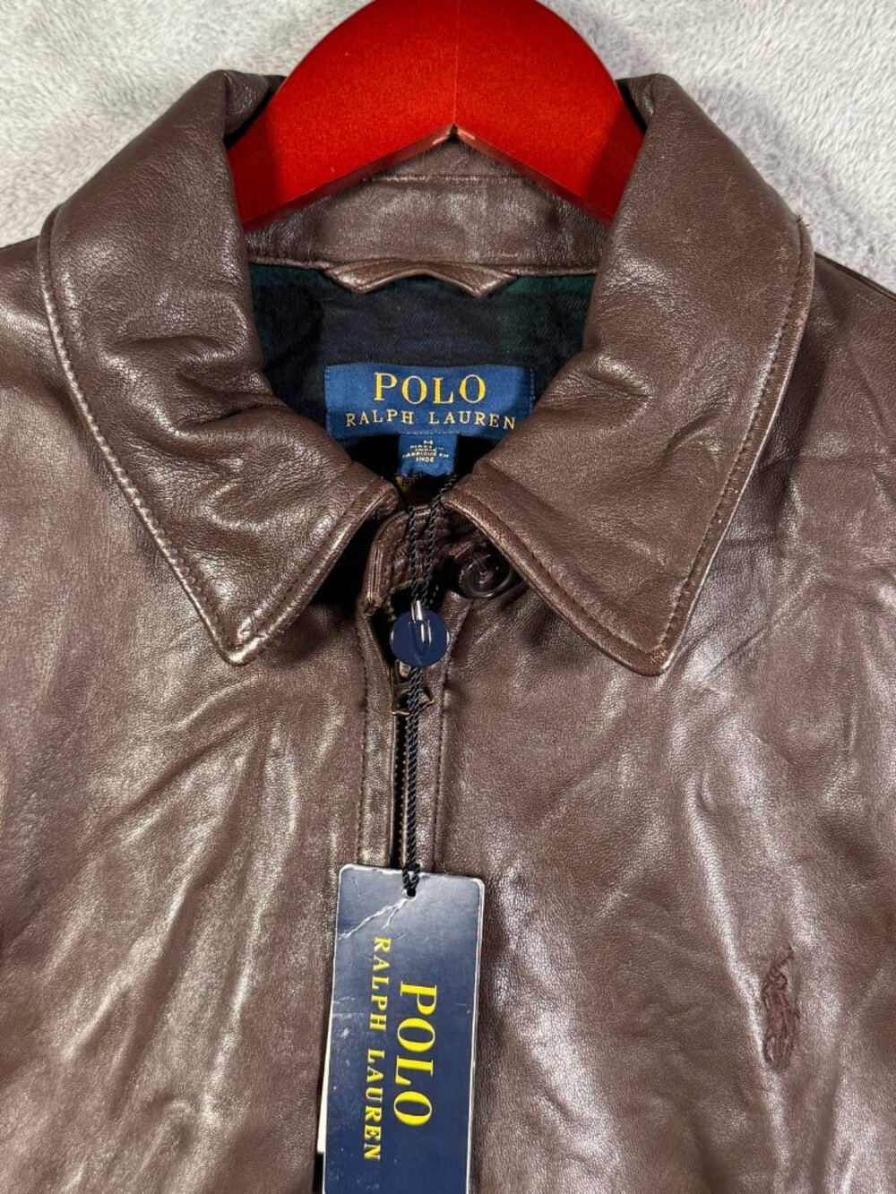 Polo Ralph Lauren Leather Jacket Mens M Brown Full Zip Plaid Lined Core Replen - Picture 2 of 13